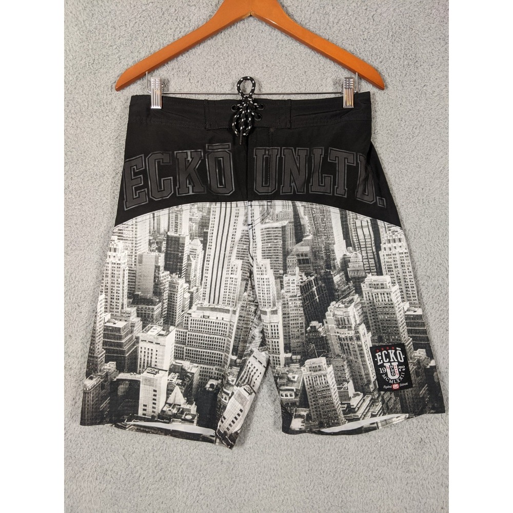 Vtg Ecko Unltd Swim Board Shorts Men M Black New York Skyline Hip Hop Y2K Skater